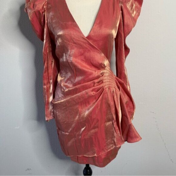 Elliatt Metallic Copper Gold Puff Shoulder Long Sleeve Wrap Mini Dress - Picture 8 of 13